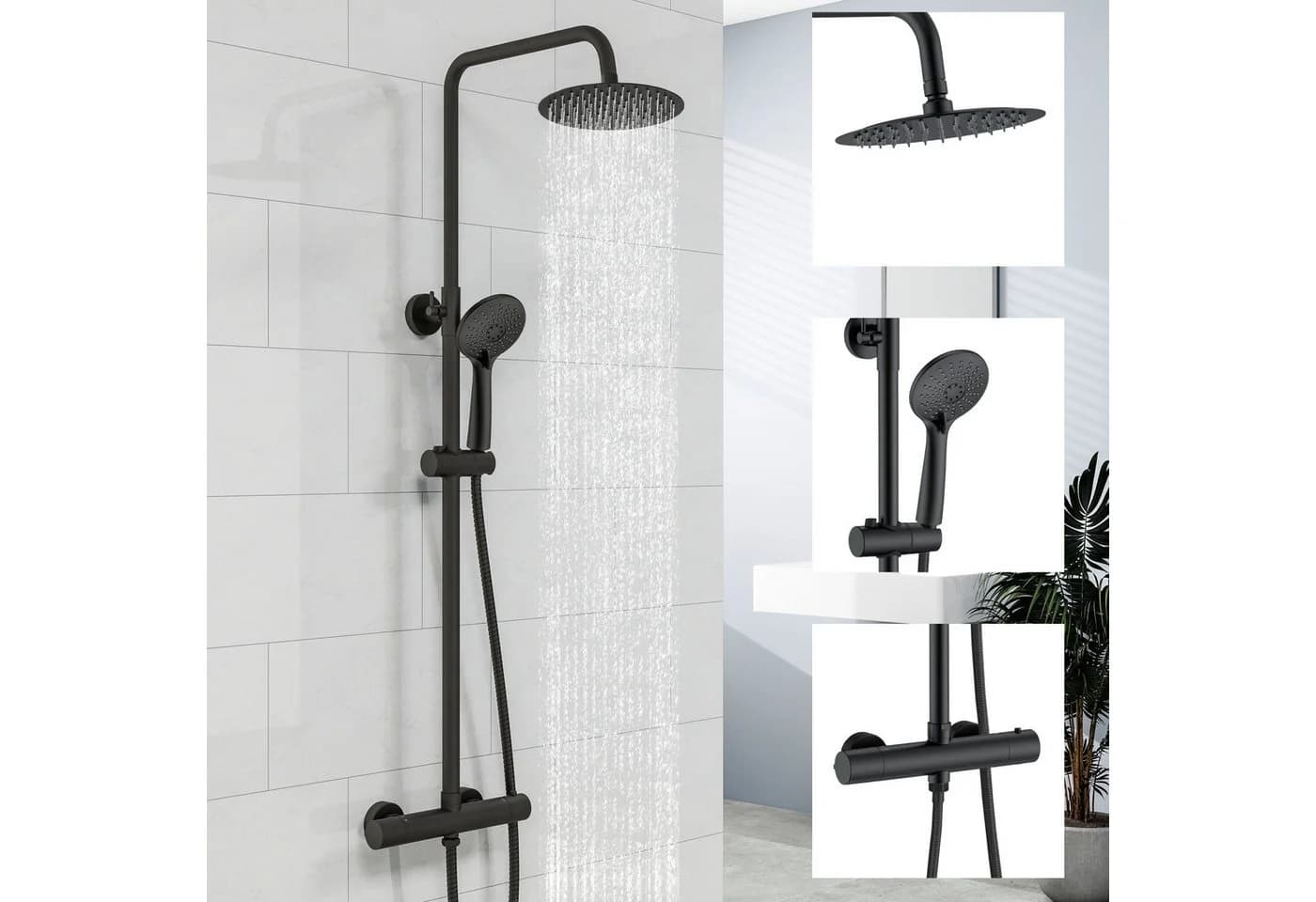 duschspa Duschsystem Regendusche mit Thermostat Edelstahl 8 Zoll Regenduschkopf, 2 Strahlarten, 3 Strahlarten Handbrause - Bild 2