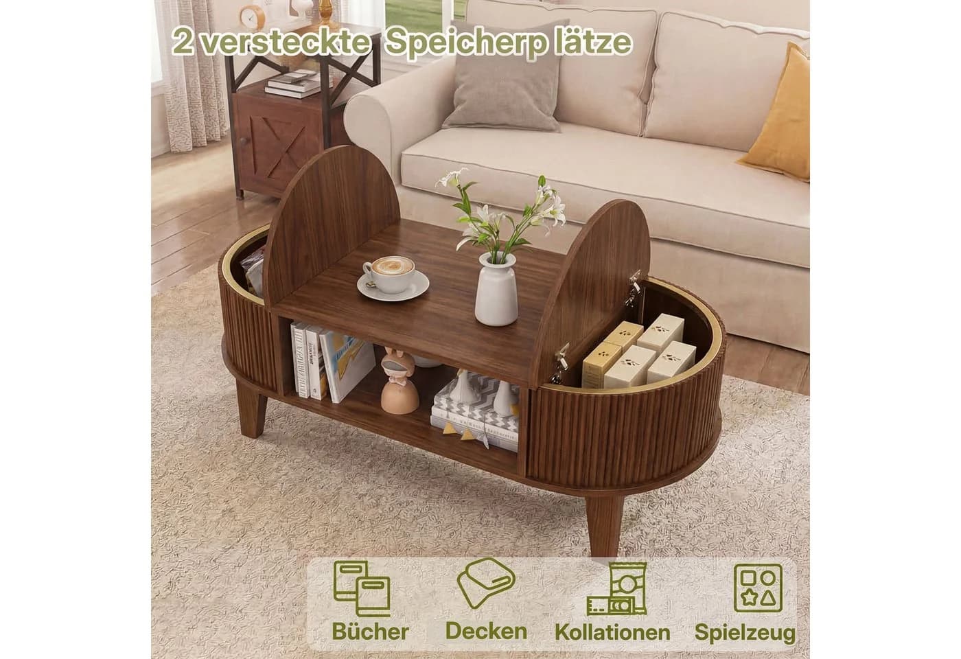 FUROKOY Couchtisch oval Walnussfarben mit verstecktem Stauraum