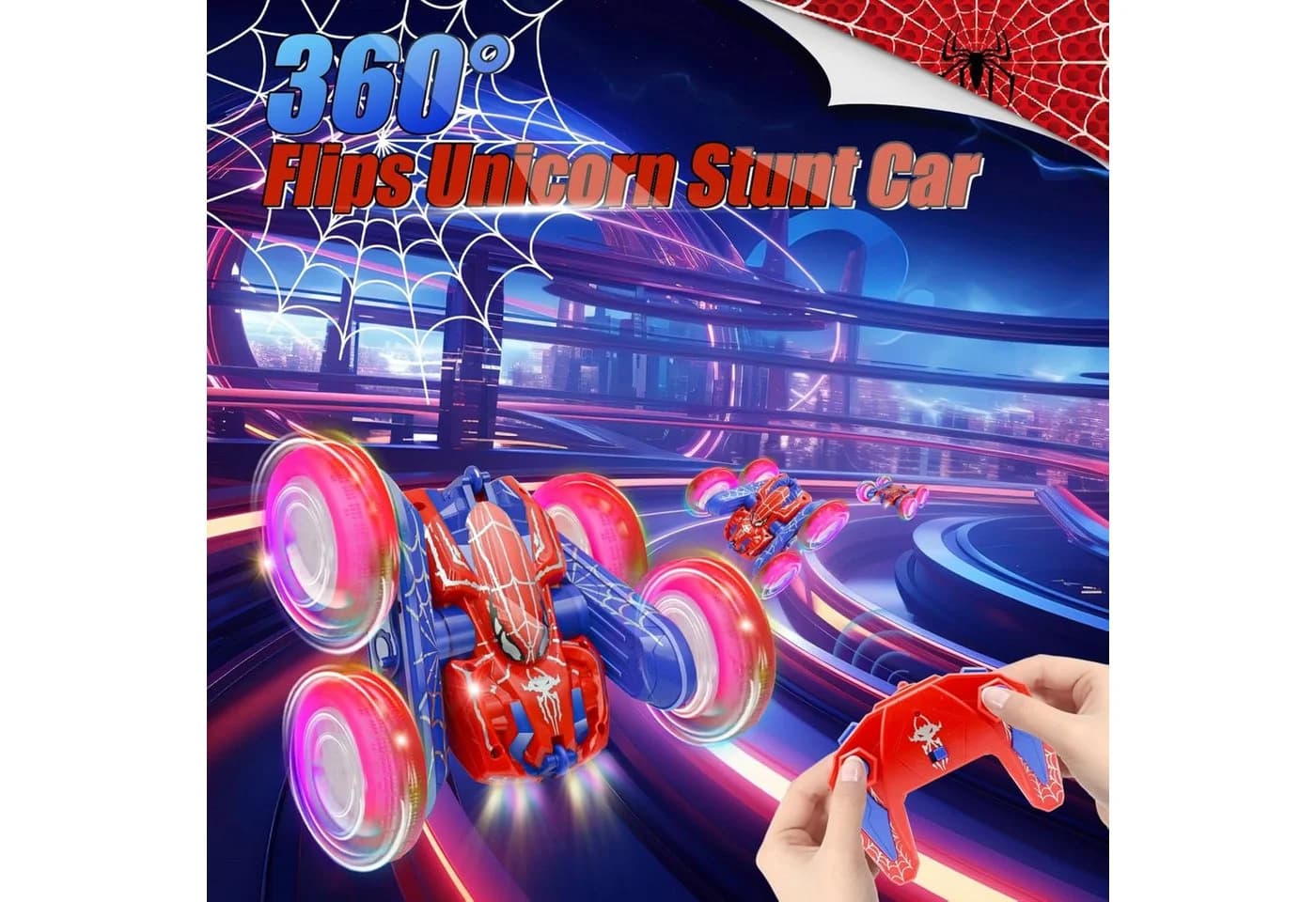 LA CUTE RC-Auto Spiderman 4WD Stunt Auto mit LED Sprühnebel