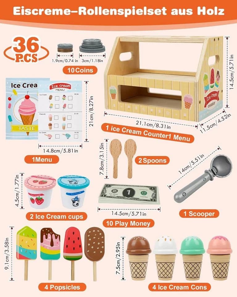 LaCute Spielküche Holz Eisdiele 36-tlg. Spielset