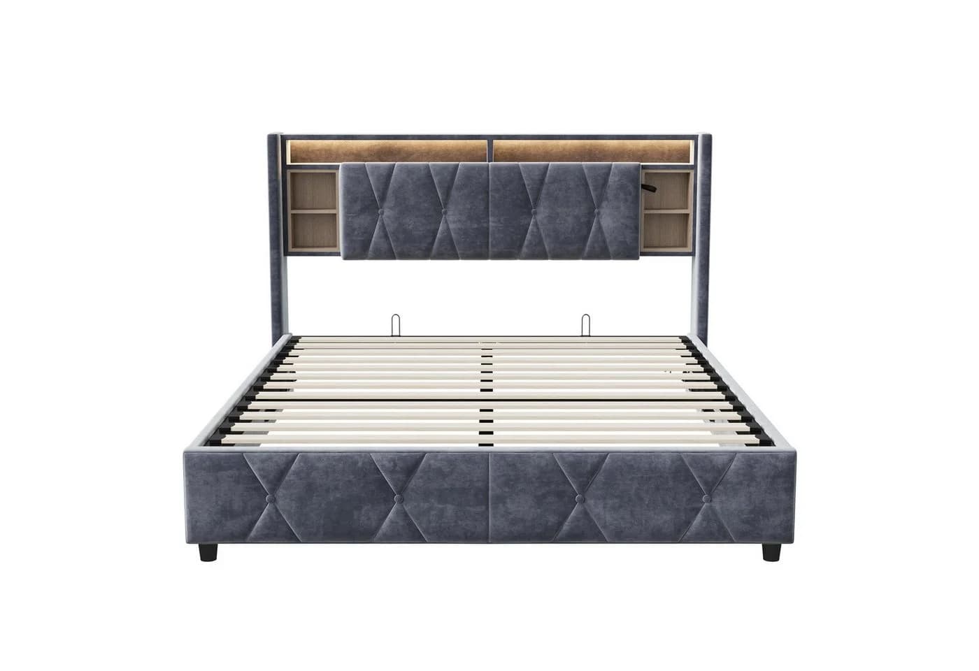 Furnishings Home Polsterbett Stauraum LED Samt Grau 140x200