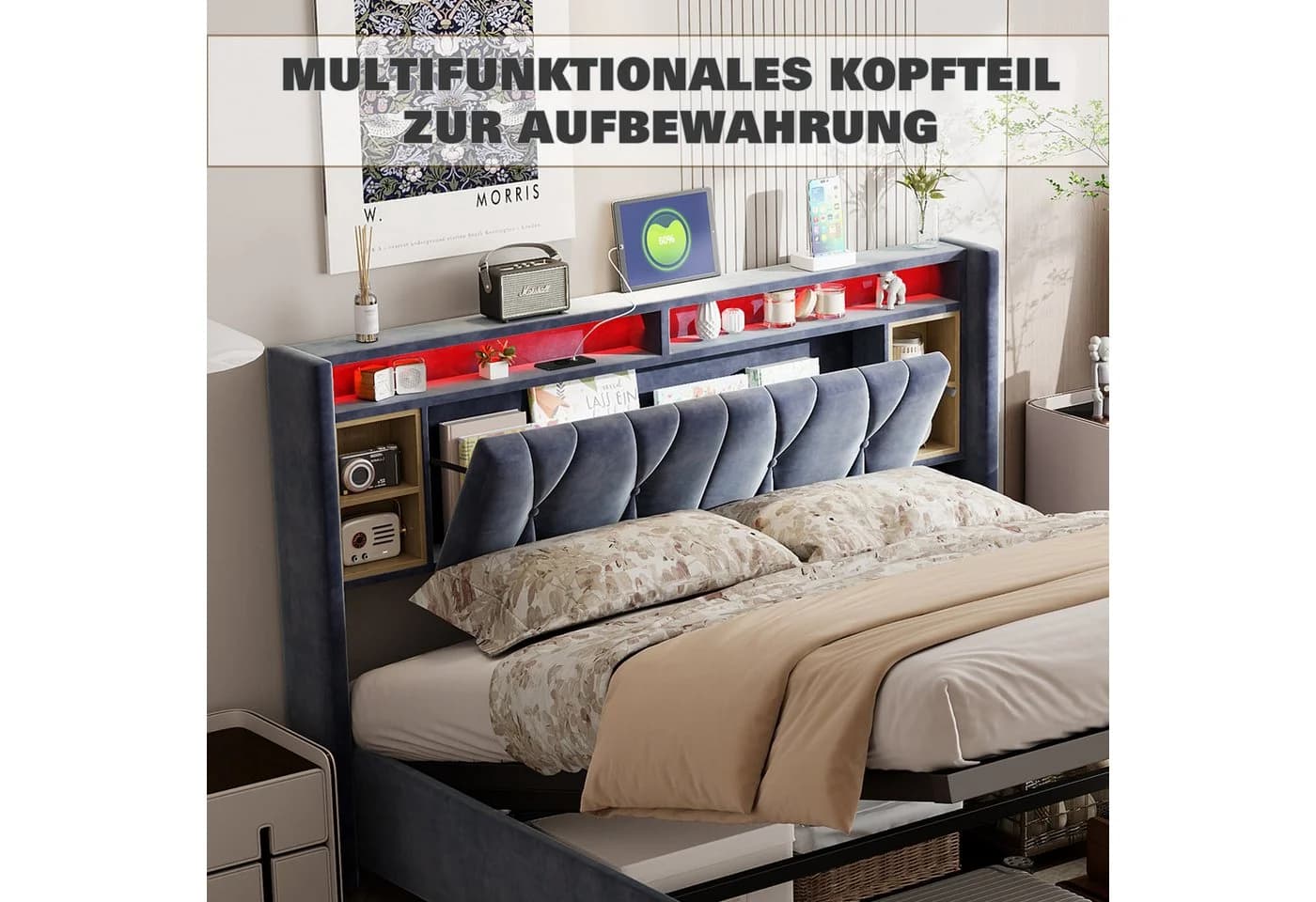 Furnishings Home Polsterbett Stauraum LED Samt Grau 140x200 - Bild 4