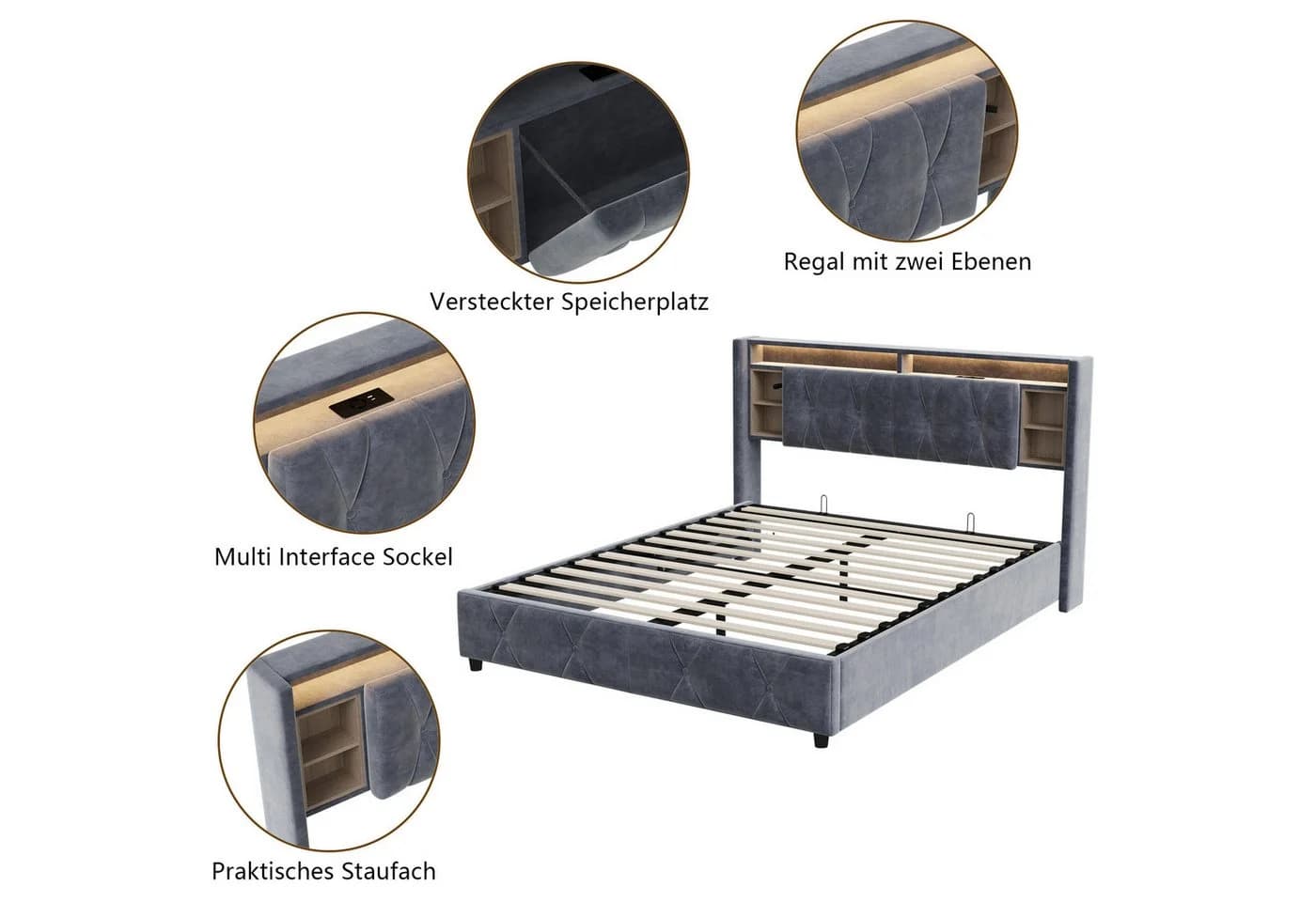 Furnishings Home Polsterbett Stauraum LED Samt Grau 140x200 - Bild 5