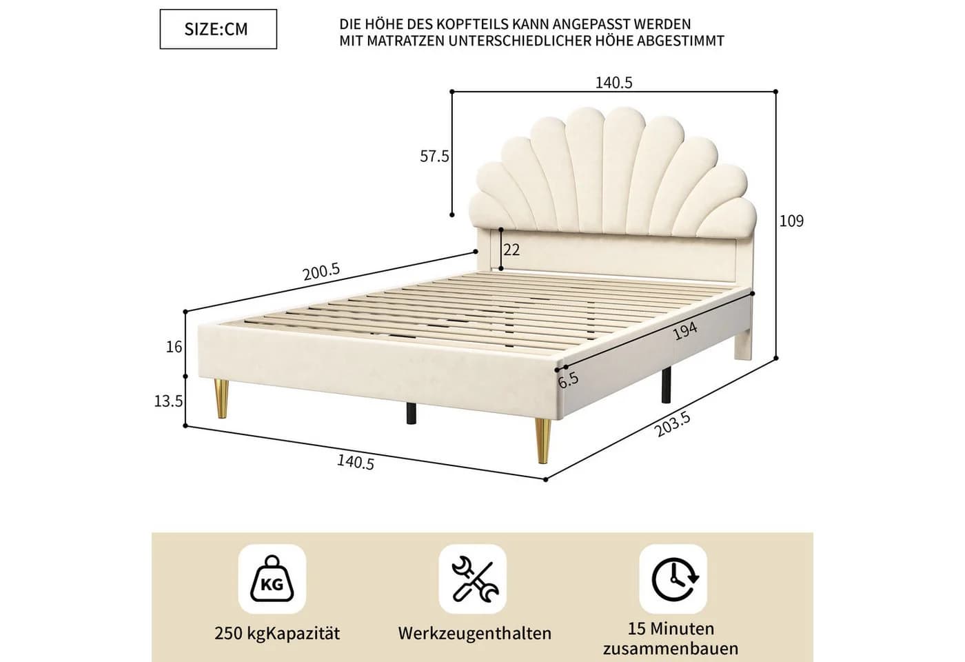 Furnishings Home Polsterbett Samt Beige 140x200 cm - Bild 3