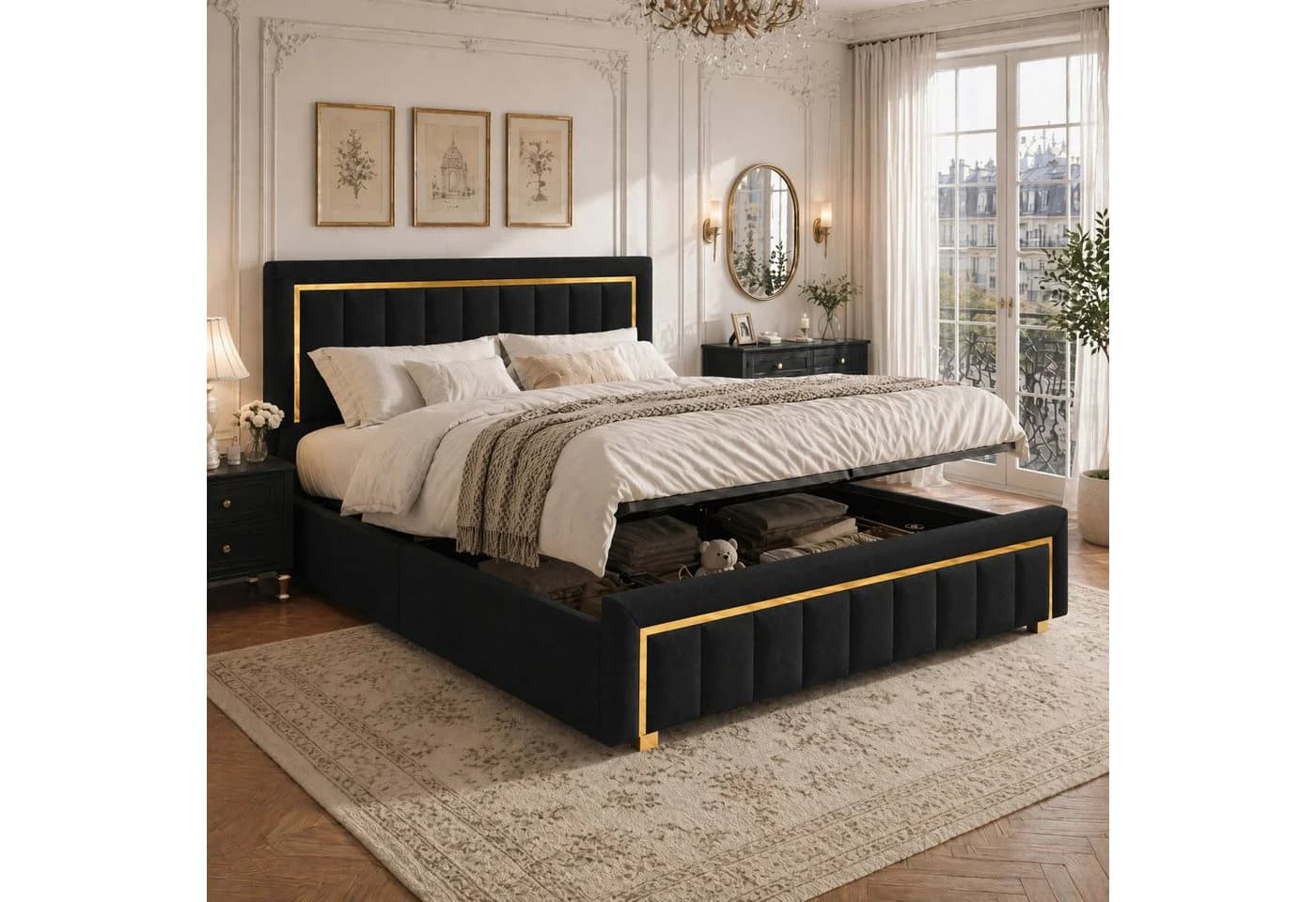 PXloue Polsterbett Stauraumbett Doppelbett Hochklappbares Bett 160x200 cm Samtbezug - Bild 2