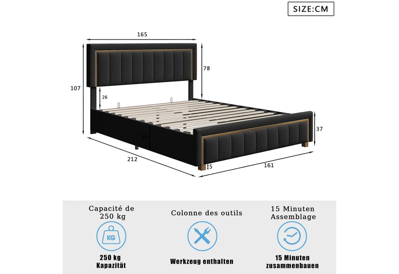 PXloue Polsterbett Stauraumbett Doppelbett Hochklappbares Bett 160x200 cm Samtbezug - Bild 5