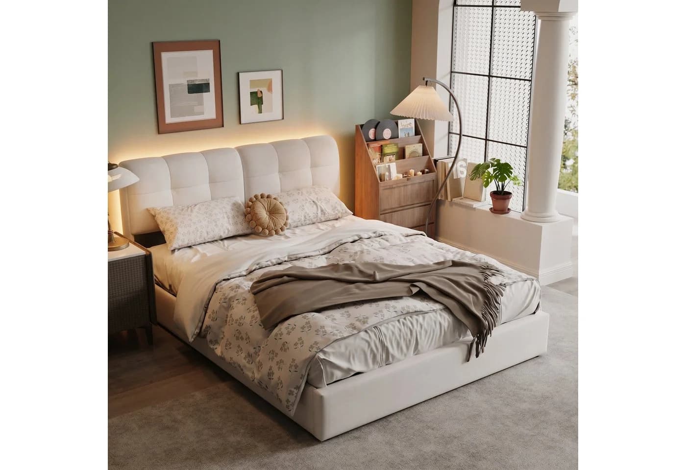 PXloue Stauraumbett Polsterbett mit Stauraum Hochklappbares Bett 140x200 cm Cremeweiß - Bild 2