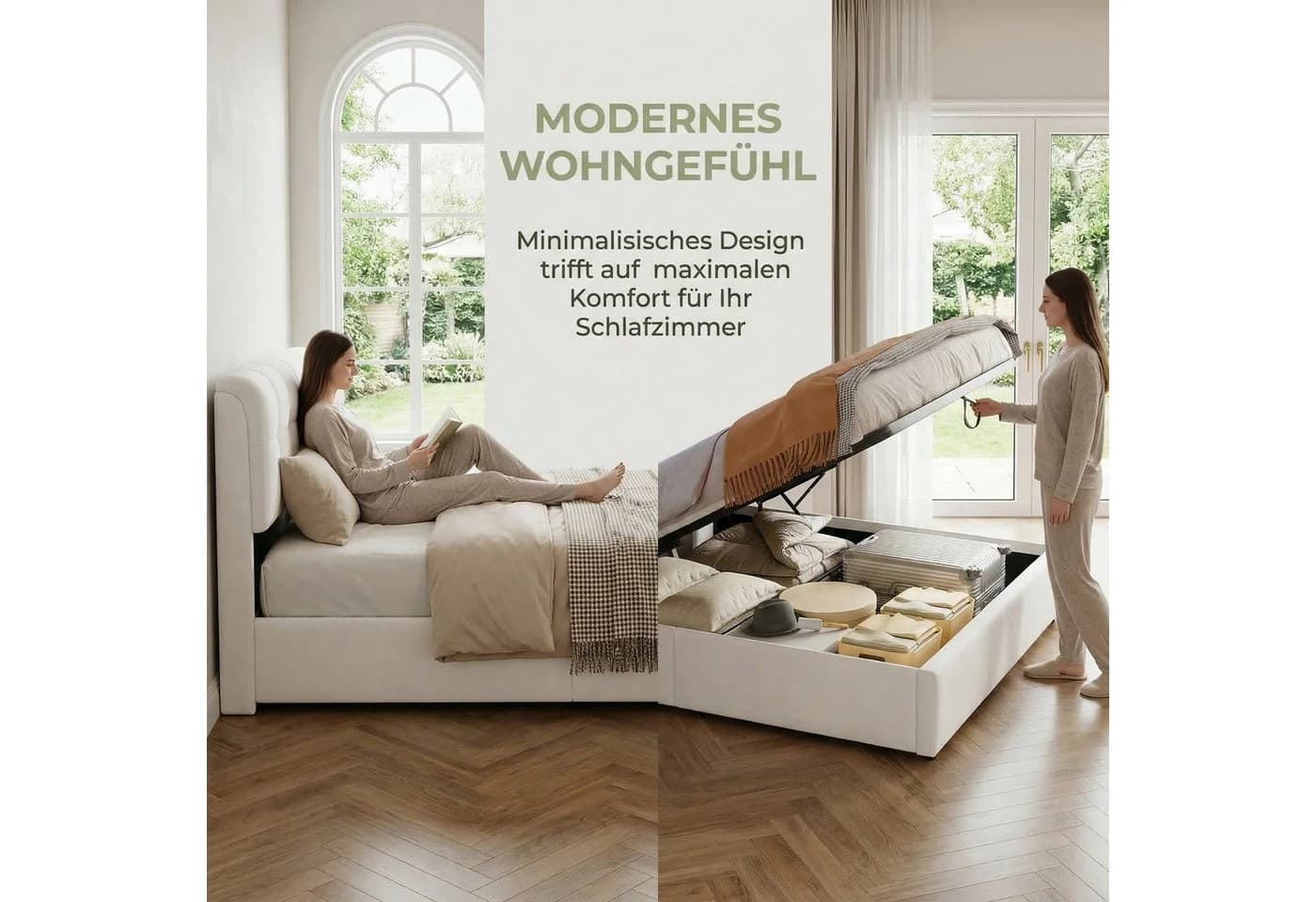 PXloue Stauraumbett Polsterbett Cremeweiß mit LED-Licht - Bild 4