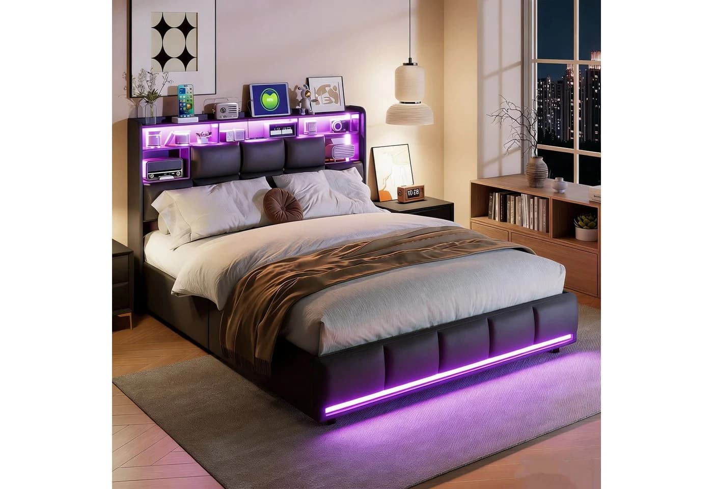 PXloue Polsterbett LED Doppelbett mit Stauraum und Ladestation - Bild 2