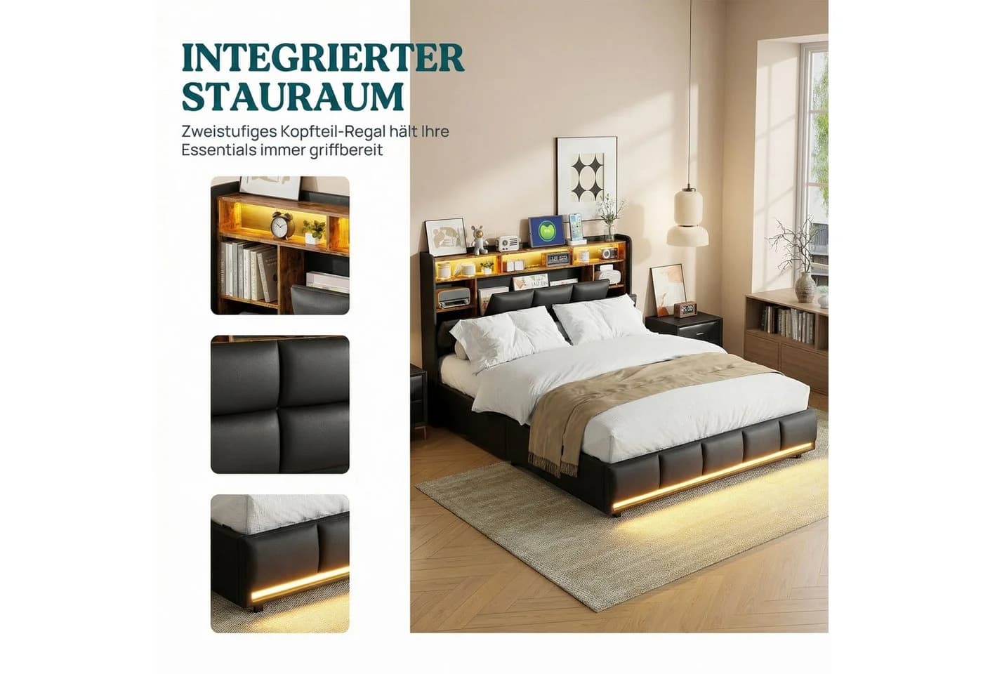 PXloue Polsterbett LED Doppelbett mit Stauraum und Ladestation - Bild 3