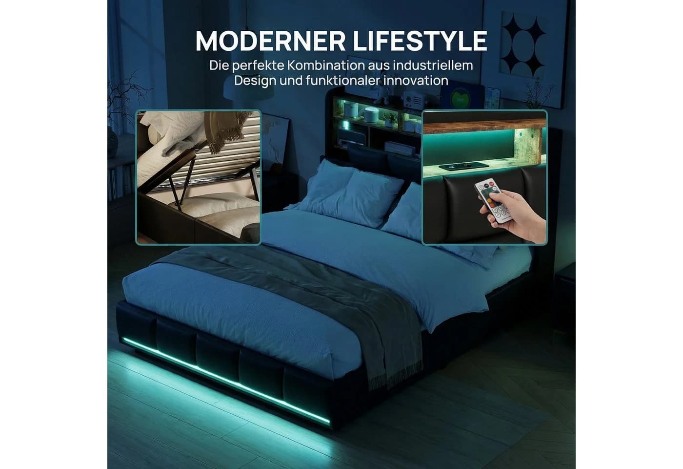 PXloue Polsterbett LED Doppelbett mit Stauraum und Ladestation - Bild 5
