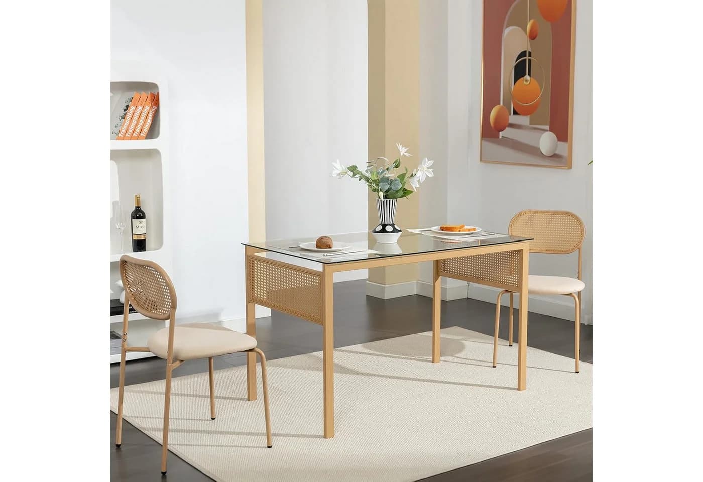 PXloue Esszimmerstuhl Rattanstuhl Polsterstuhl Wohnzimmerstuhl Set 2er Set Samt mit Rückenlehne Beige - Bild 3