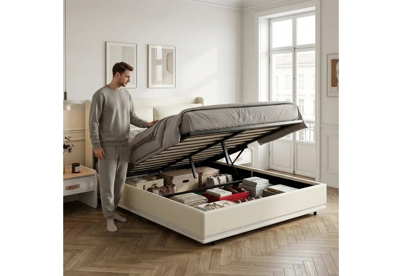 PXloue Polsterbett mit Stauraum und Wireless Charging