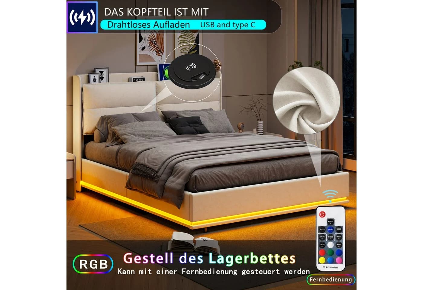 PXloue Polsterbett mit Stauraum und Wireless Charging - Bild 4