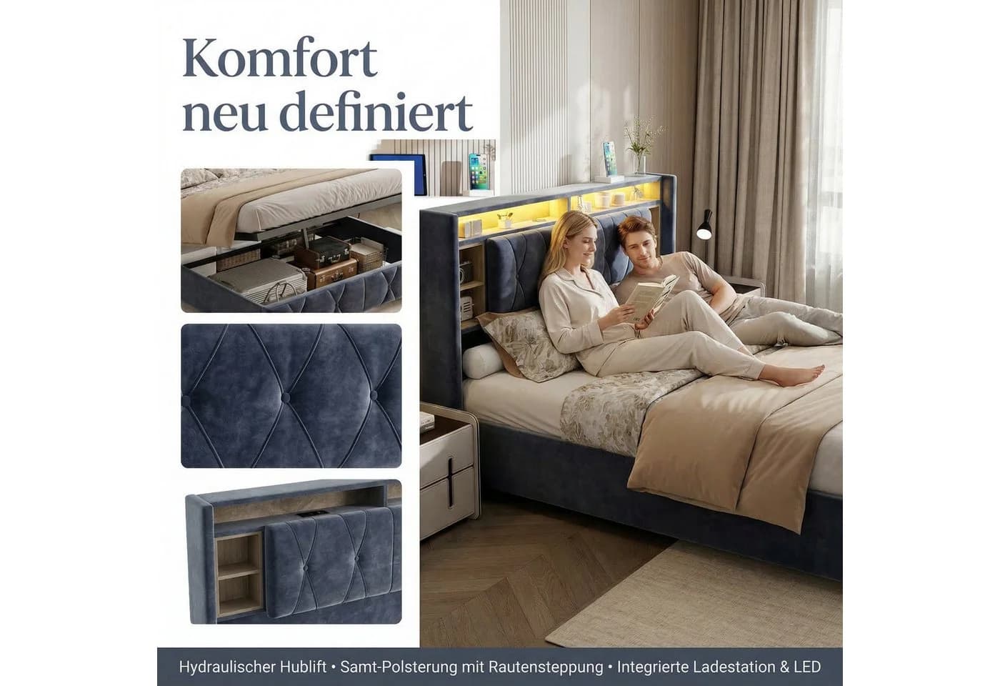 PXloue Stauraumbett Polsterbett LED hydraulisches Doppelbett