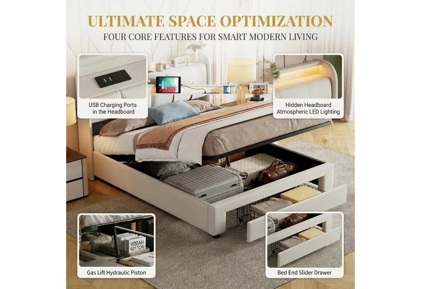 PXloue Stauraumbett Polsterbett mit RGB-LED und Samtbezug - Bild 4