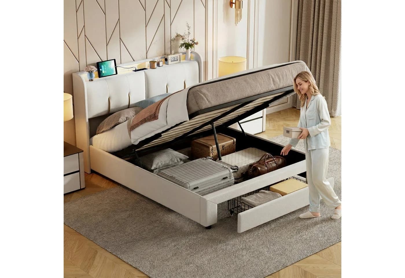 PXloue Stauraumbett Polsterbett mit RGB-LED und Samtbezug - Bild 5