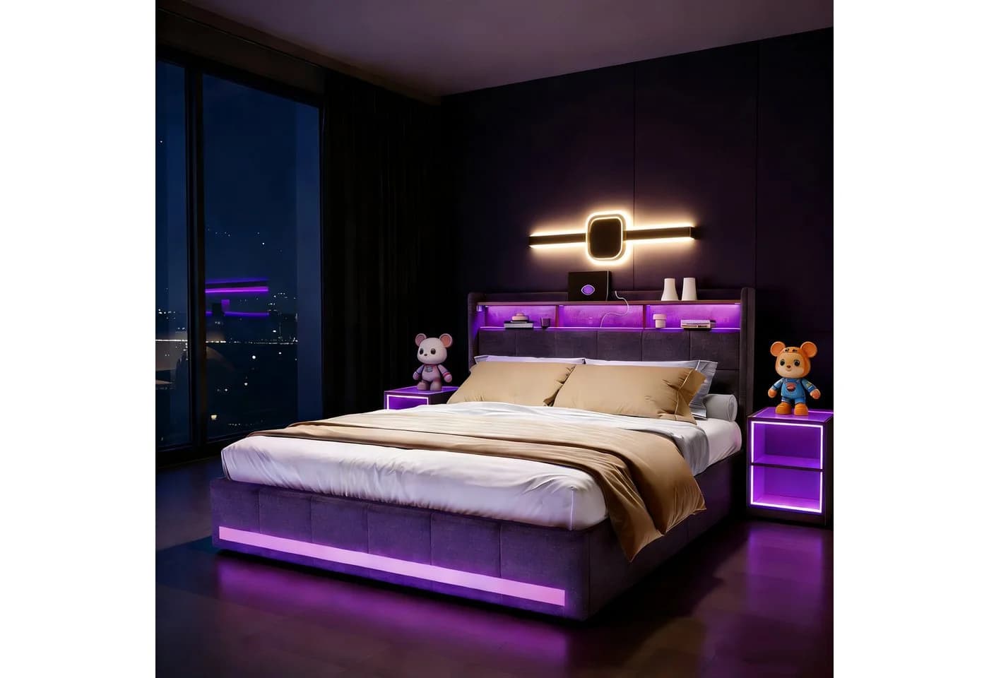PXloue Funktionsbett Polsterbett mit USB, Stauraum & LED Leinen Grau - Bild 2