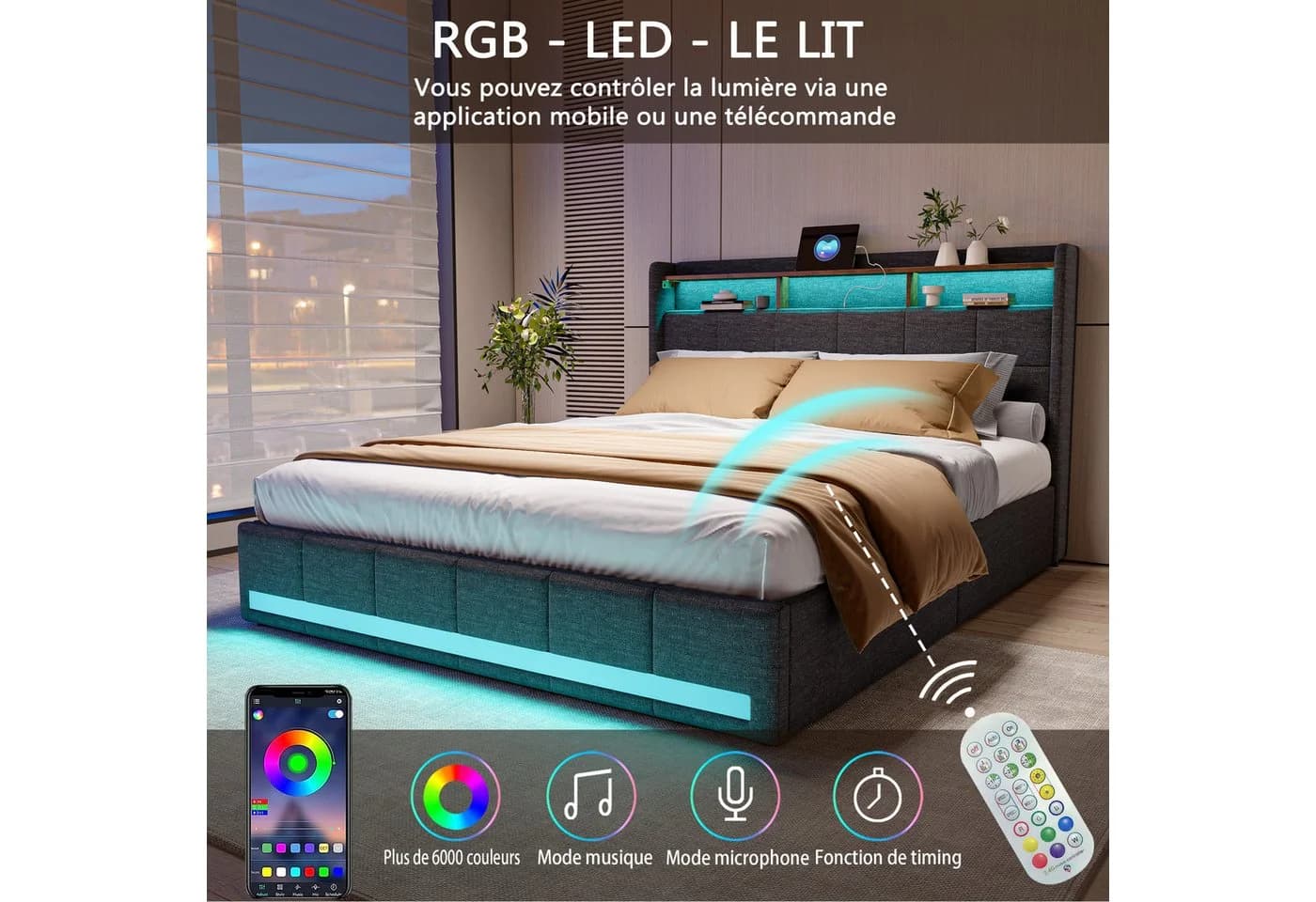 PXloue Funktionsbett Polsterbett mit USB, Stauraum & LED Leinen Grau - Bild 3