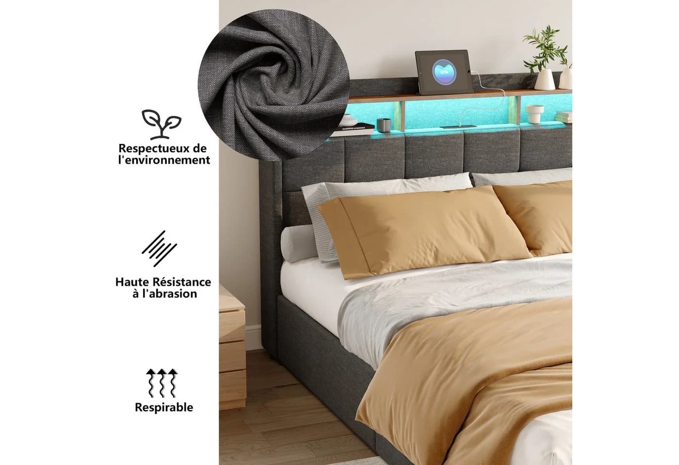 PXloue Funktionsbett Polsterbett mit USB, Stauraum & LED Leinen Grau - Bild 4