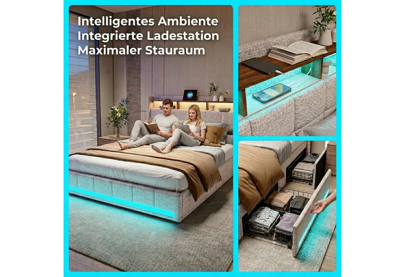 PXloue Funktionsbett Polsterbett Doppelbett mit USB und Stauraum - Bild 3