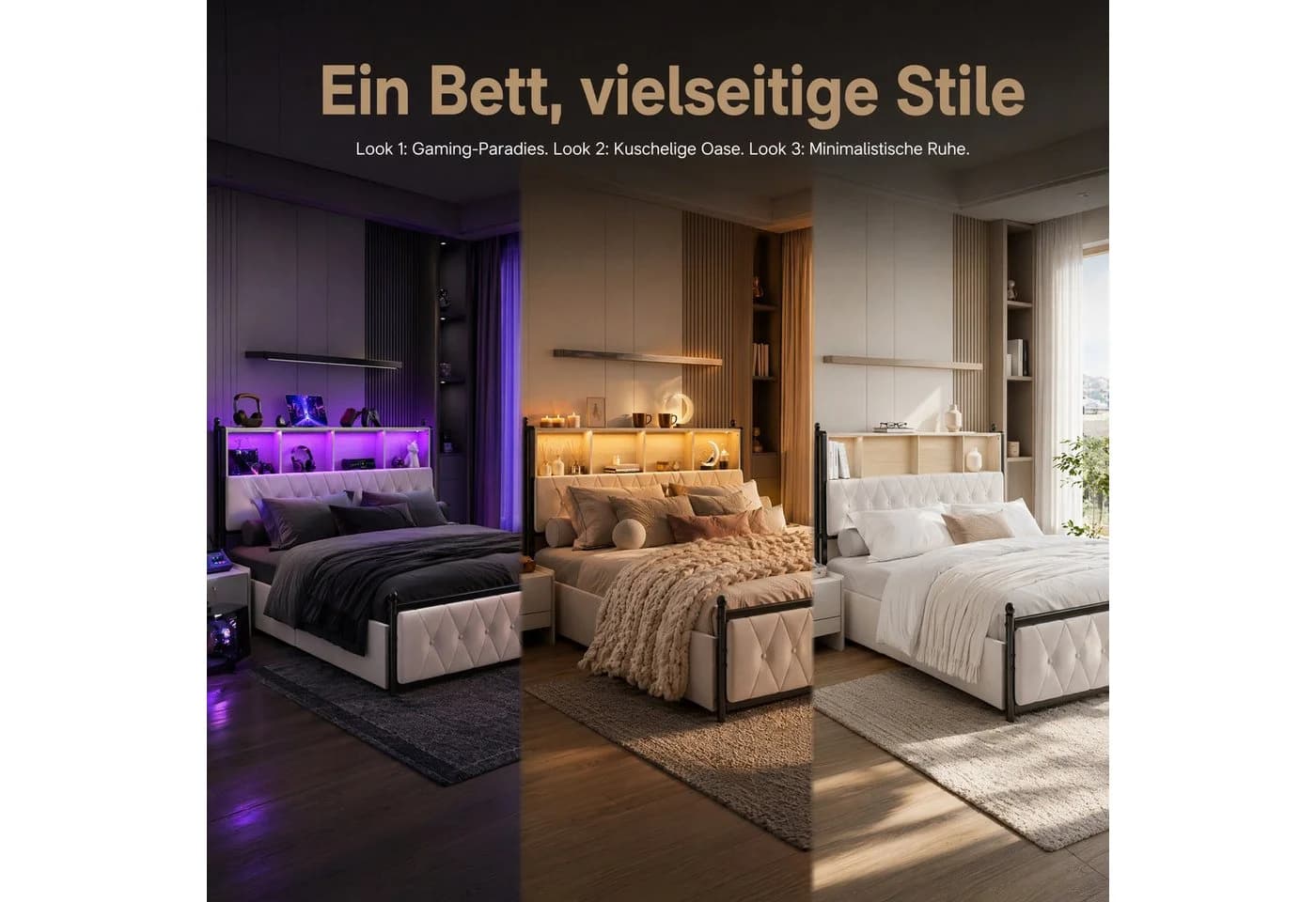 PXloue Polsterbett mit LED, Stauraum & Lattenrost