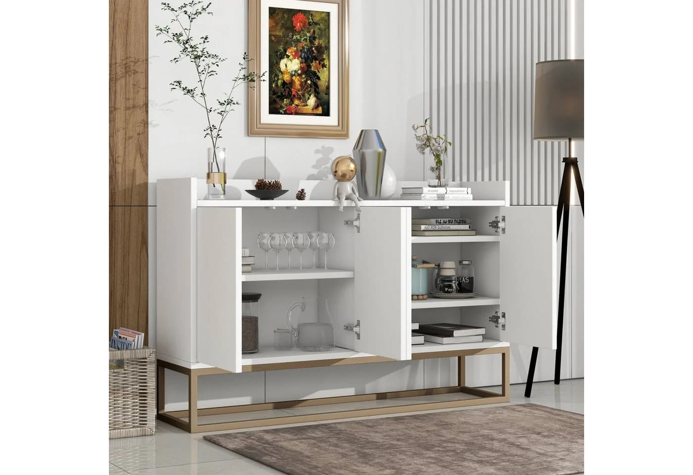 PXloue Sideboard Landhaus 4 Türen Weiß Hochwertiges Sideboard
