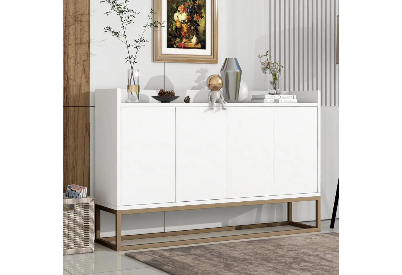 PXloue Sideboard Landhaus 4 Türen Weiß Hochwertiges Sideboard - Bild 2