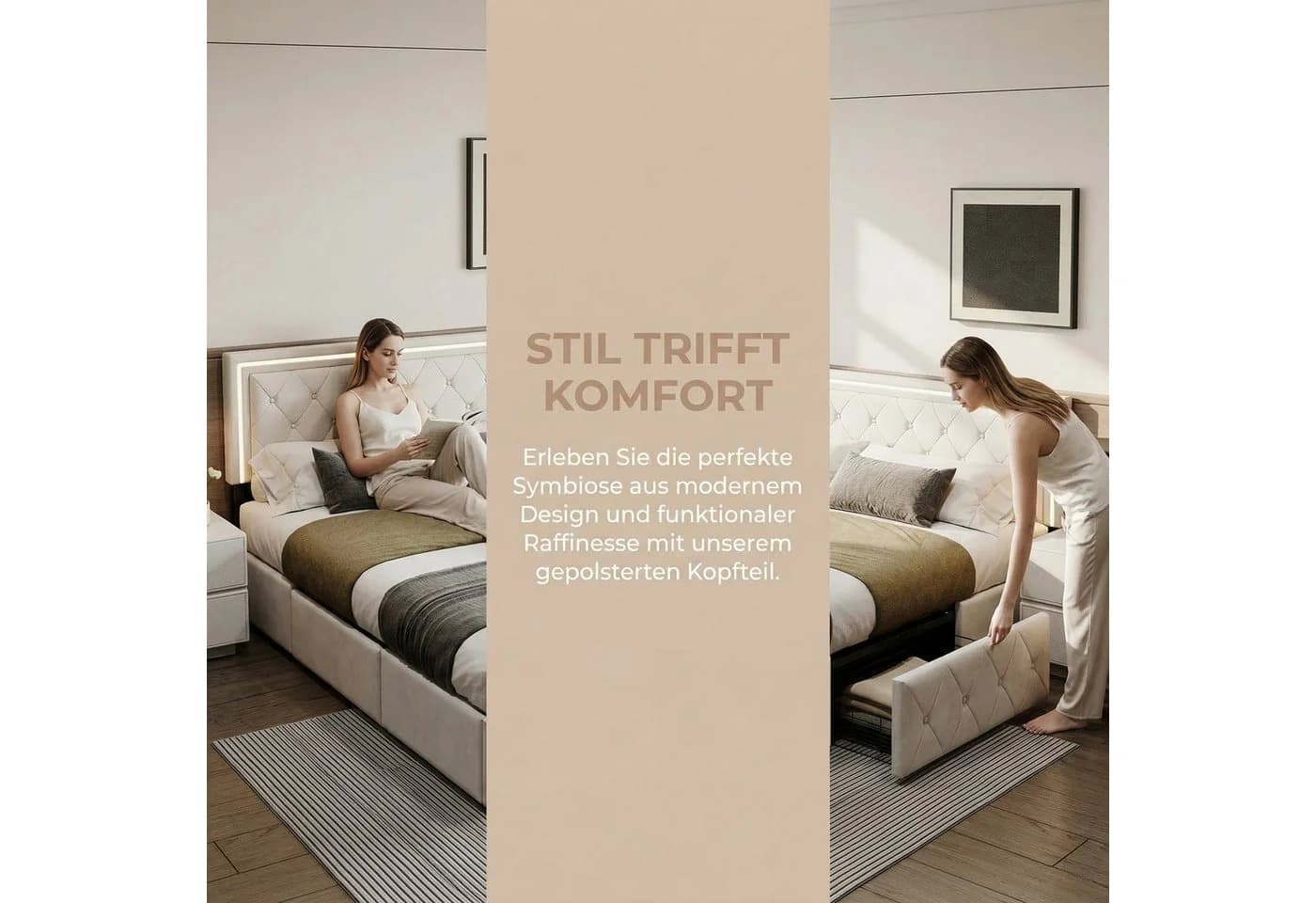 PXloue Polsterbett LED Doppelbett mit Stauraum und verstellbarem Kopfteil