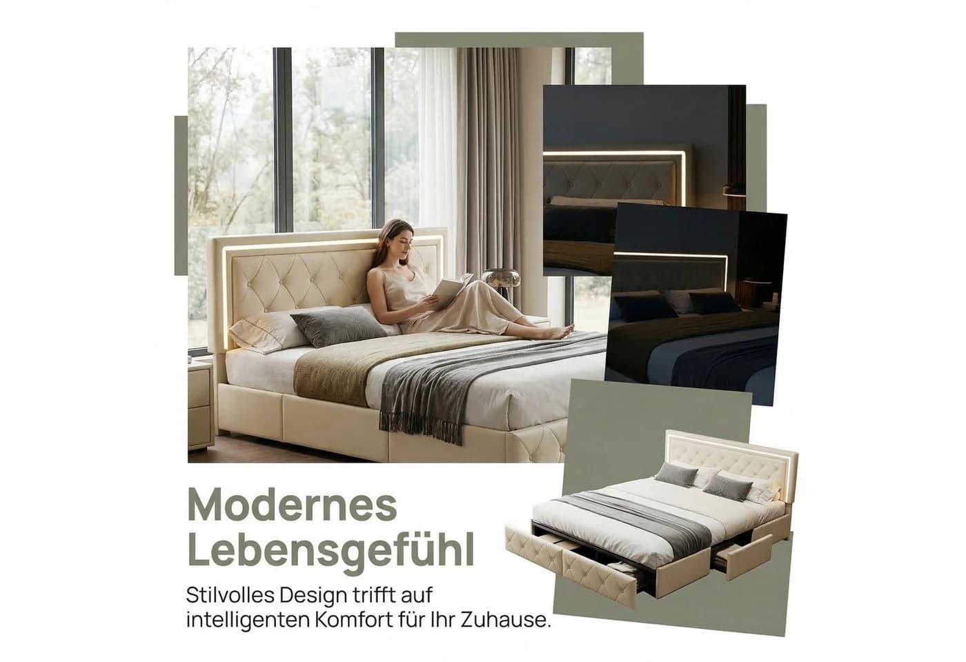 PXloue Polsterbett LED Doppelbett mit Stauraum und verstellbarem Kopfteil - Bild 4
