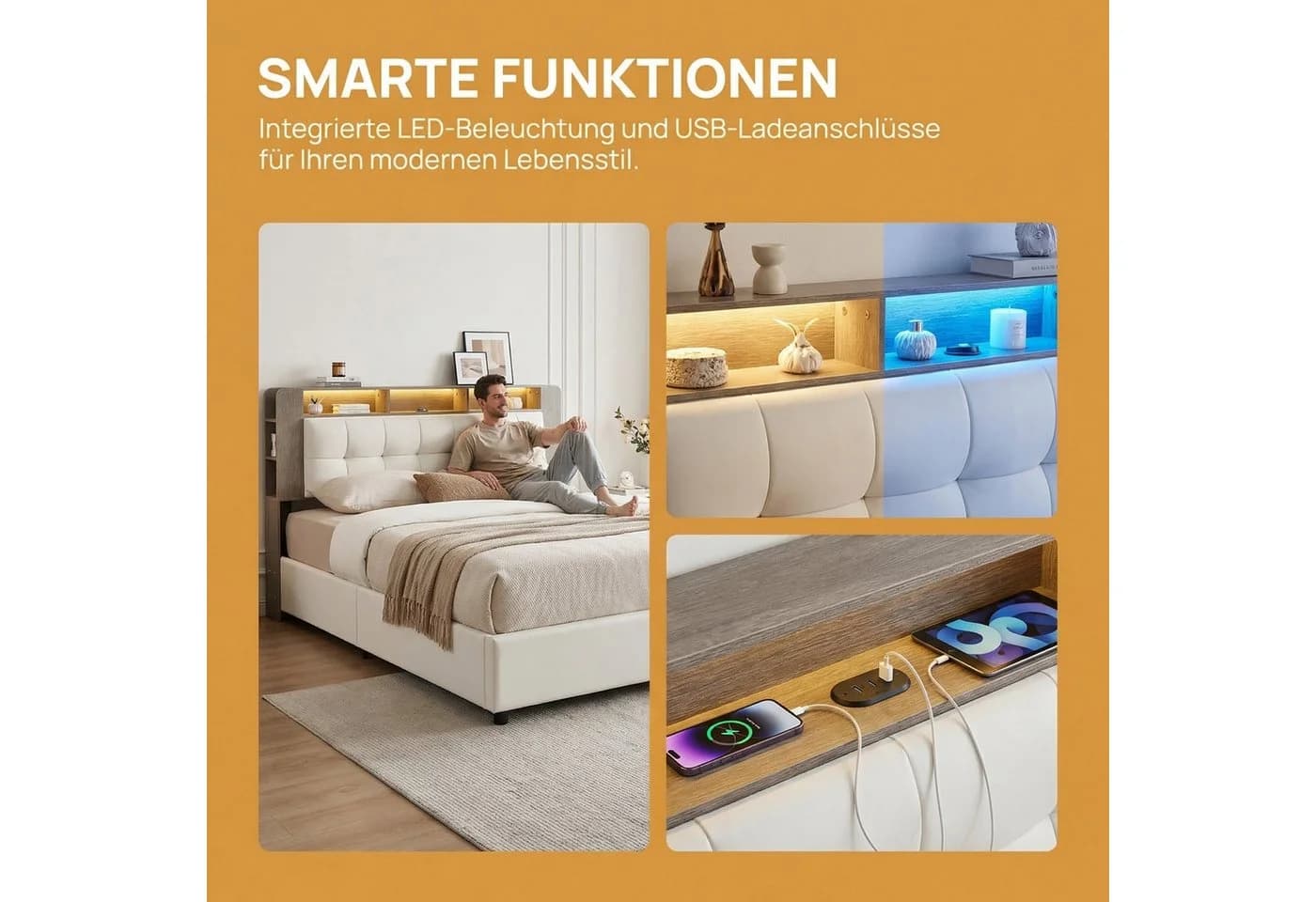 PXloue Polsterbett LED hydraulisches Doppelbett mit kabelloser Ladefunktion, Boxspringbett, 140x200 cm - Bild 3