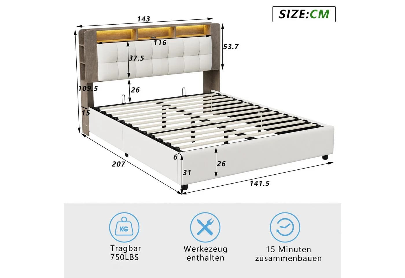 PXloue Polsterbett LED hydraulisches Doppelbett mit kabelloser Ladefunktion, Boxspringbett, 140x200 cm - Bild 4