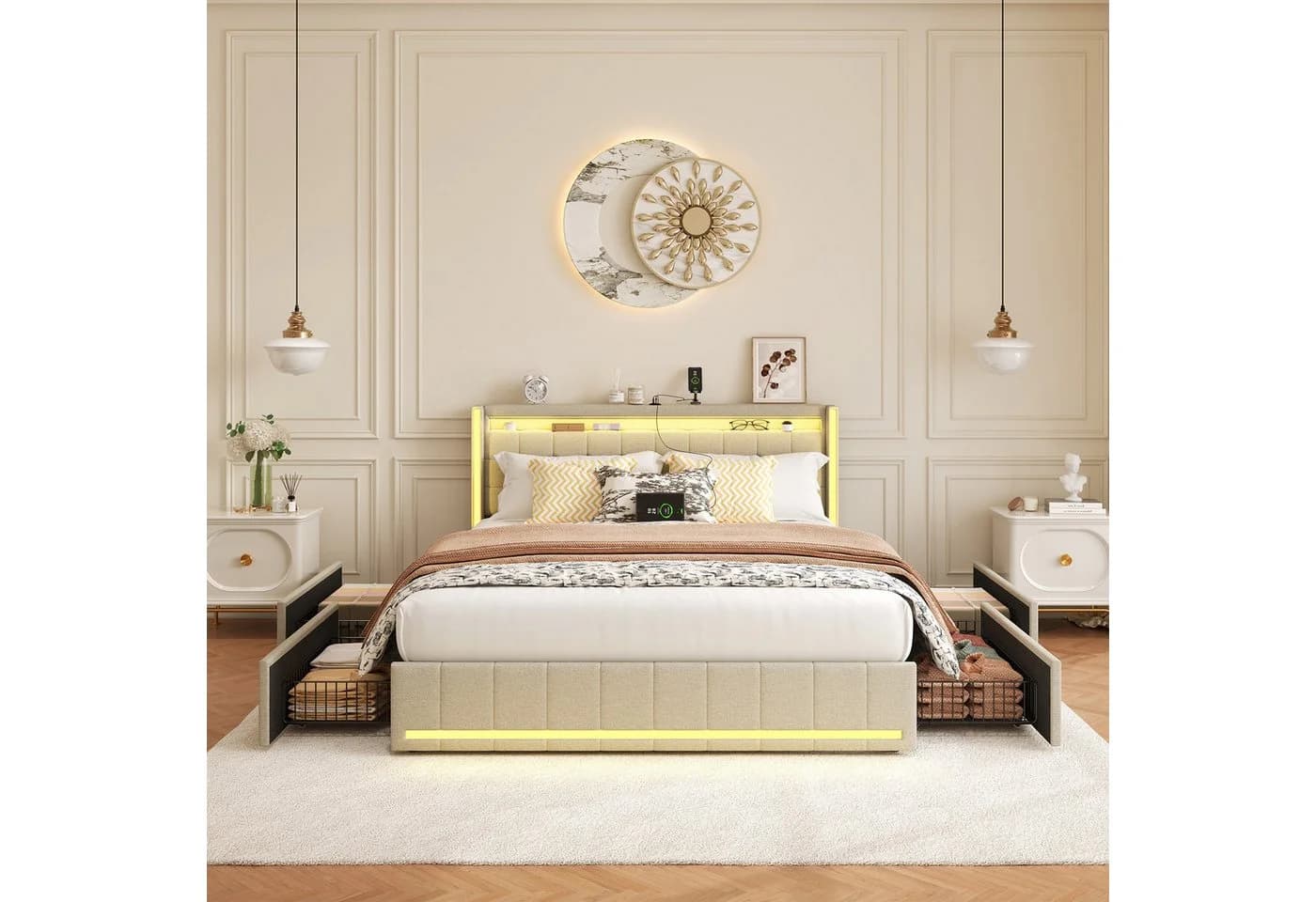 PXloue Polsterbett LED mit Schubladen Beige