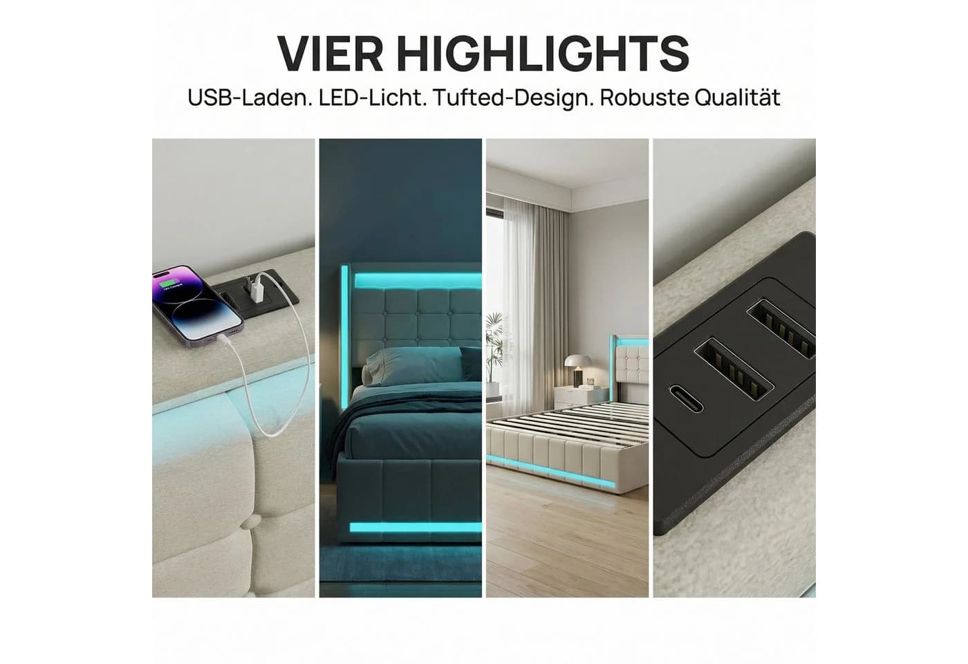 PXloue Polsterbett LED mit Schubladen Beige - Bild 5