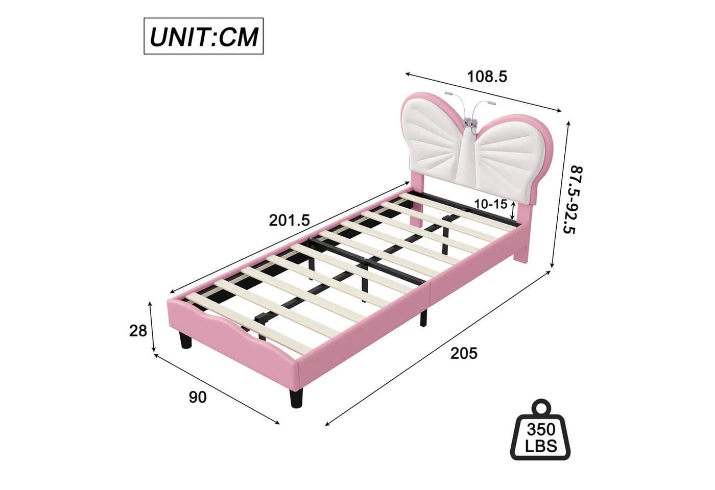 PXloue Polsterbett Kinderbett Jugendbett Weißrosa LED Lattenrost 90x200cm - Bild 5