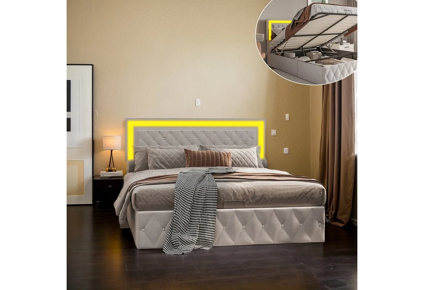 Gdood Polsterbett Stauraumbett Doppelbett LED Samt Beige - Bild 2