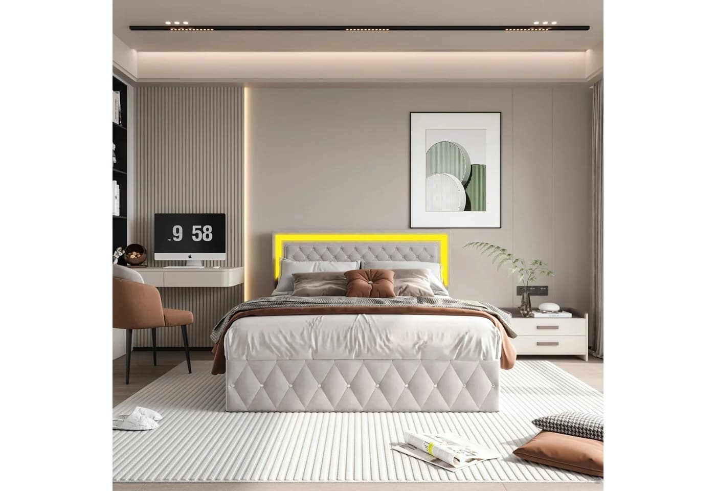 Gdood Polsterbett Stauraumbett Doppelbett LED Samt Beige - Bild 5