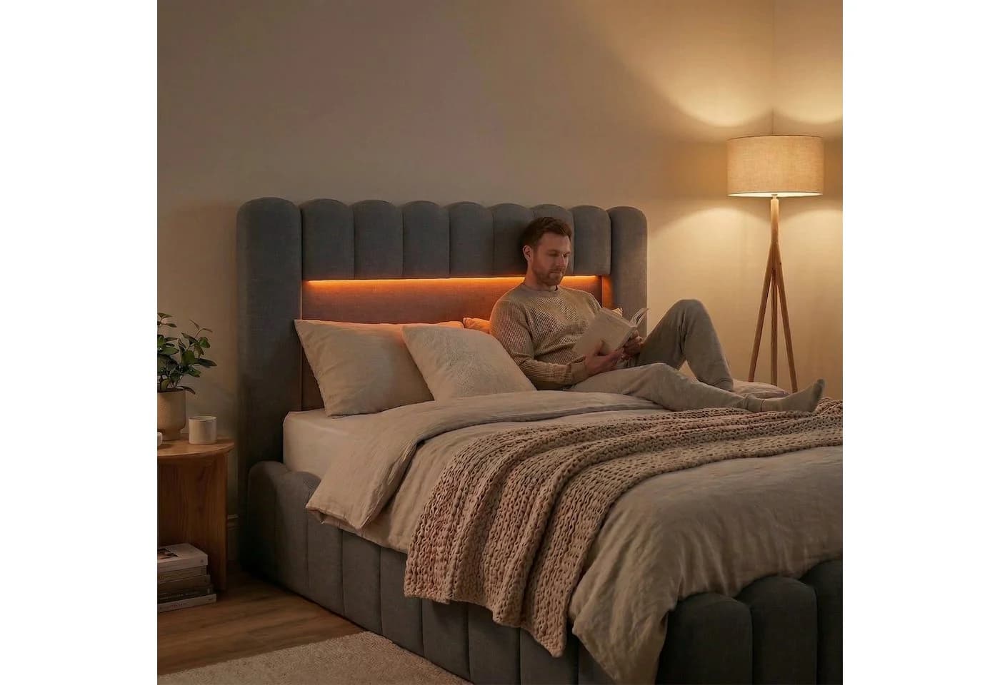 Furnishings Home Polsterbett mit LED, USB & Bettkasten Grau - Bild 3