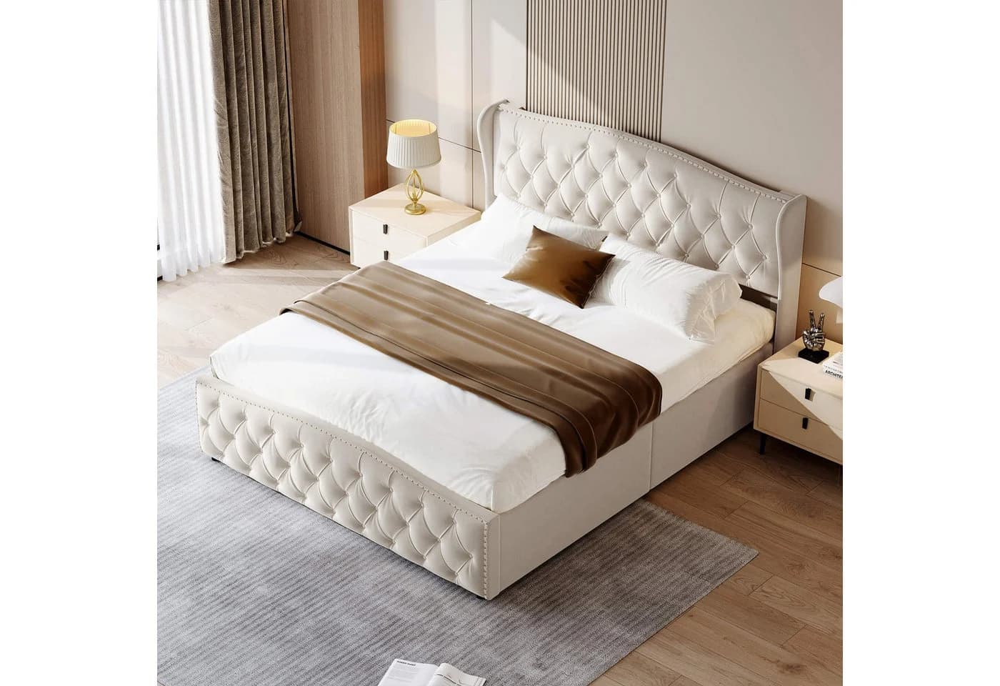 Gdood Polsterbett Stauraumbett Chesterfield Samt beige/grau - Bild 3