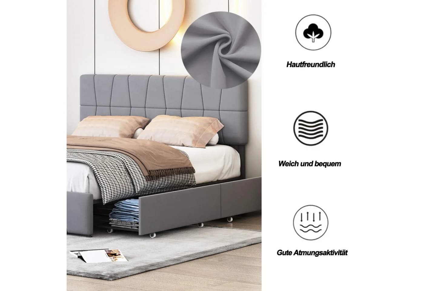 Furnishings Home Polsterbett 160x200 Samt Grau mit Stauraum - Bild 5
