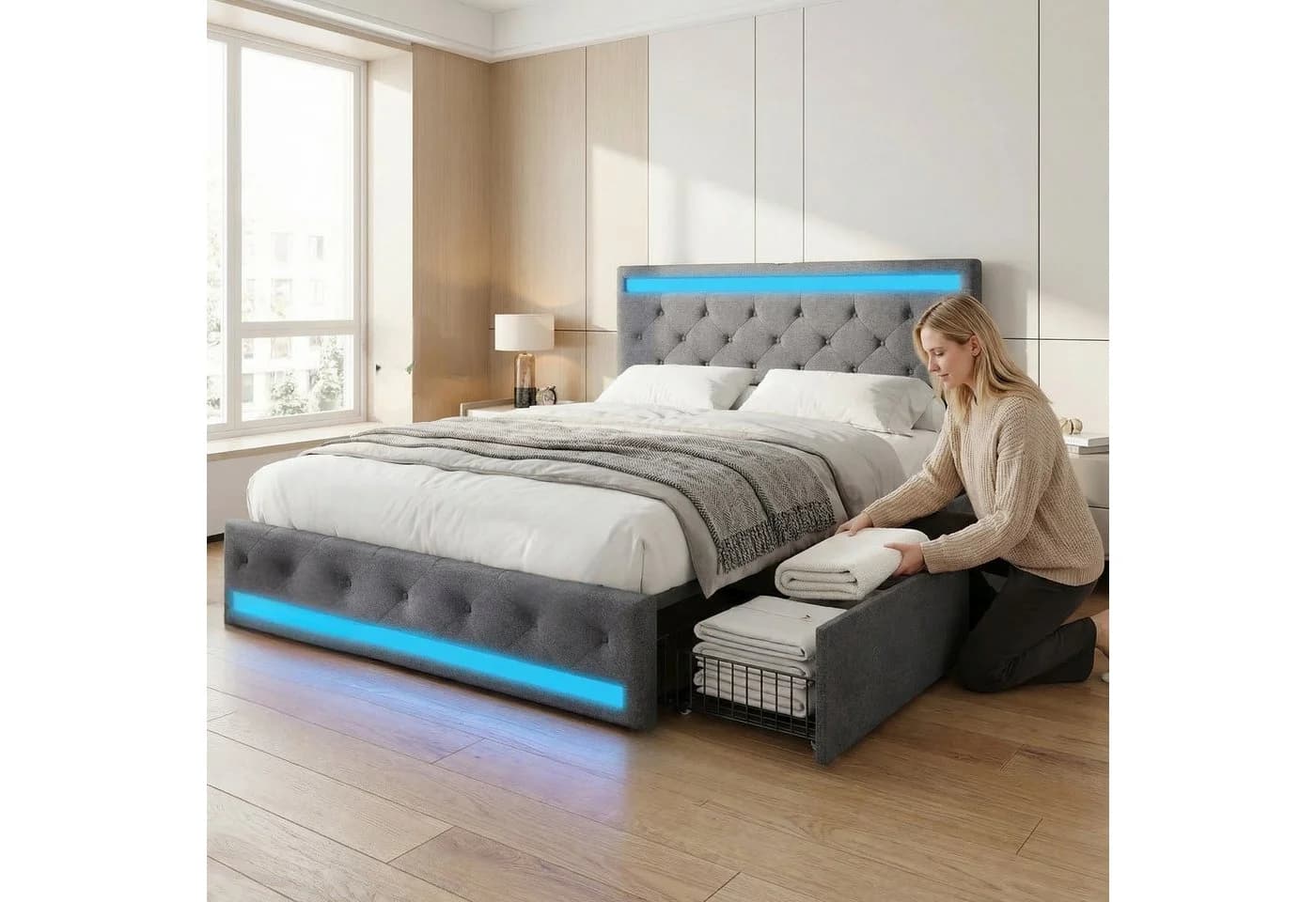 Furnishings Home Polsterbett mit LED, Schubladen & USB-Anschluss Grau