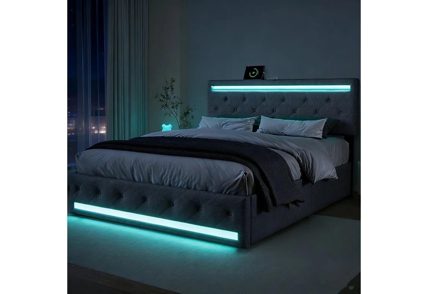 Furnishings Home Polsterbett mit LED, Schubladen & USB-Anschluss Grau - Bild 2