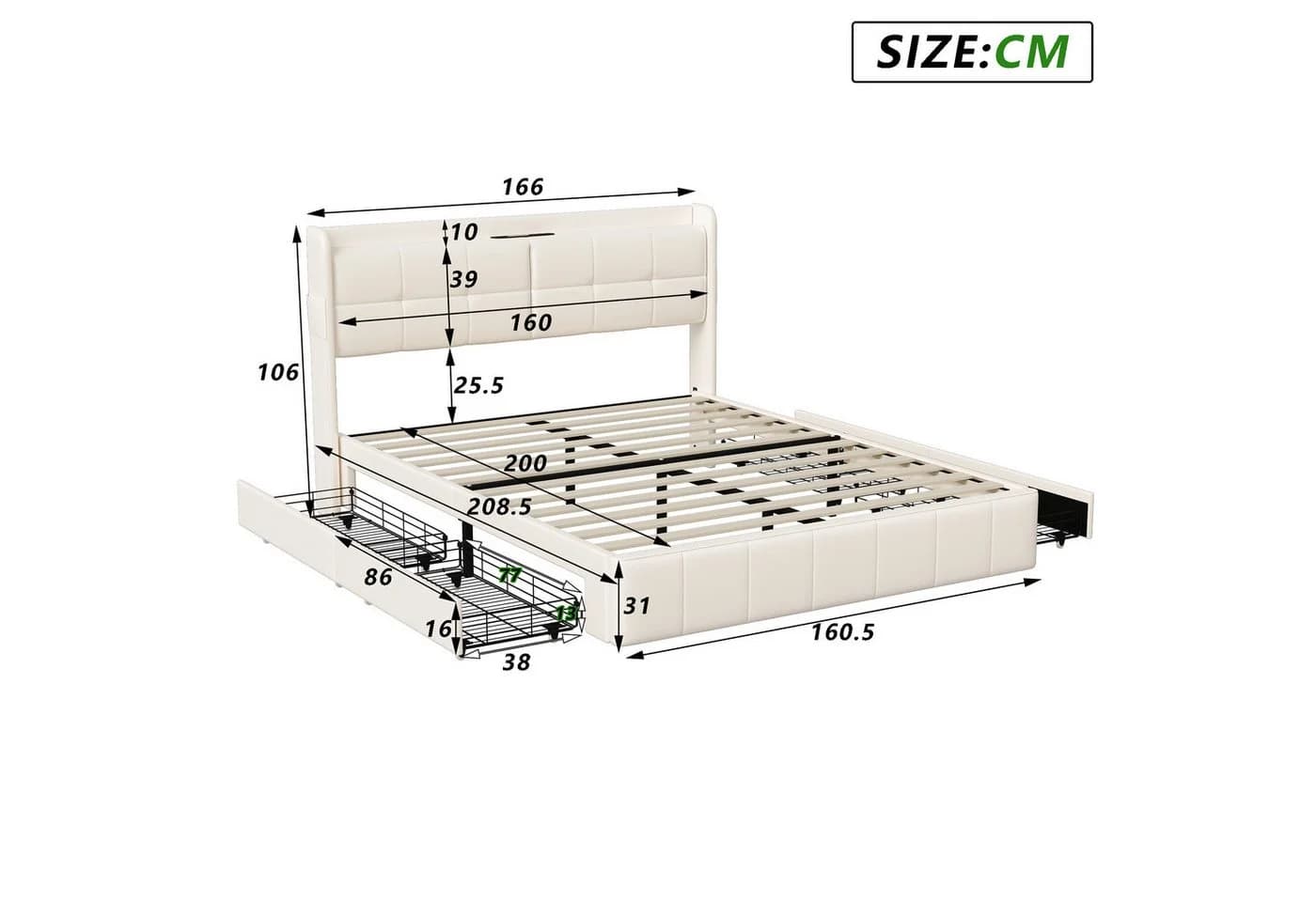 Gdood Polsterbett mit LED, Stauraum & USB-Anschluss Weiß - Bild 3
