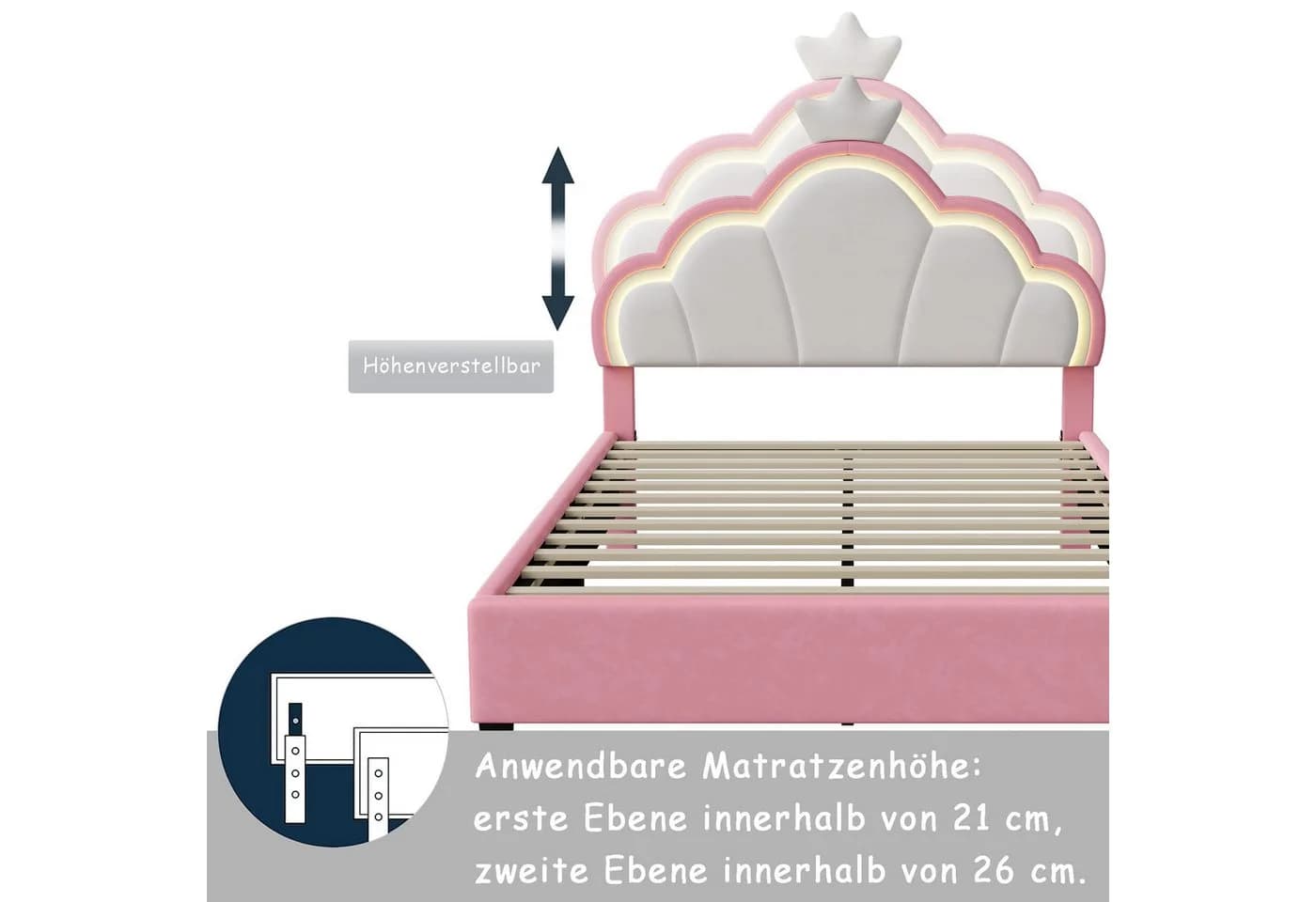 Gdood LED Polsterbett Prinzessinnenform Rosa Samt - Bild 5