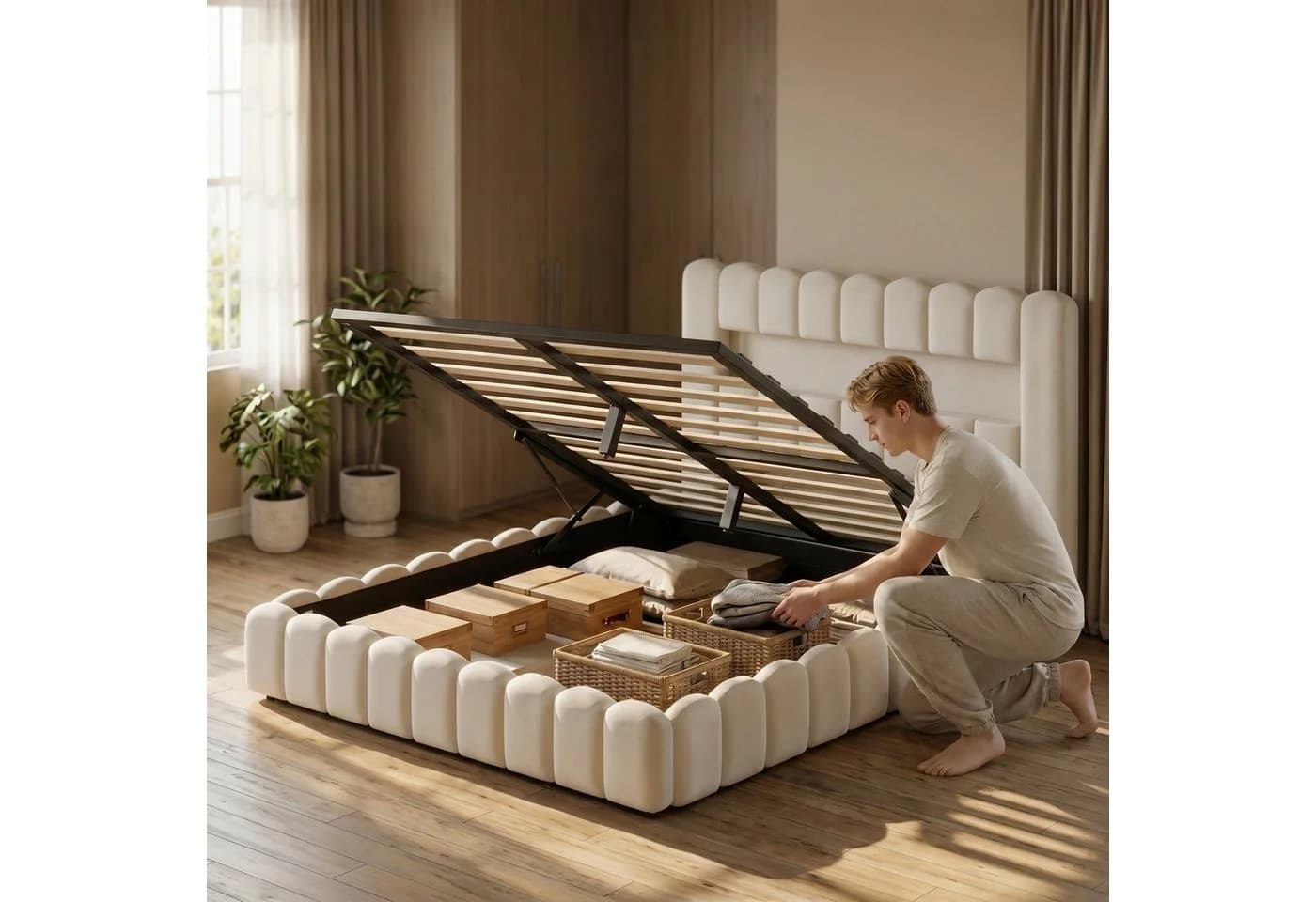 PXloue Polsterbett mit LED-Beleuchtung und Stauraum Beige