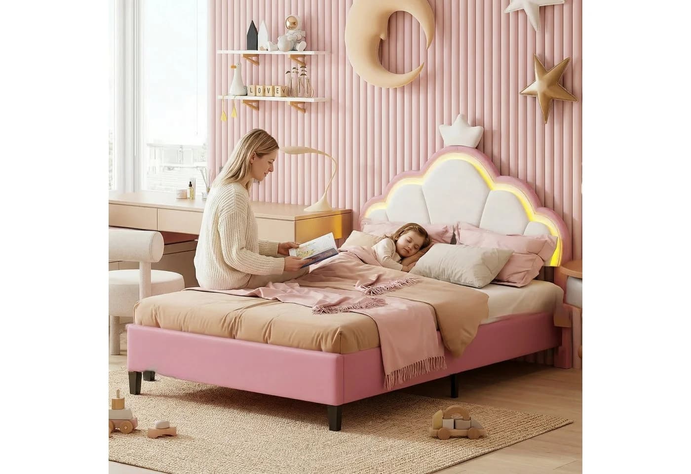 PXloue Polsterbett Rosa Kronenkopfteil LED
