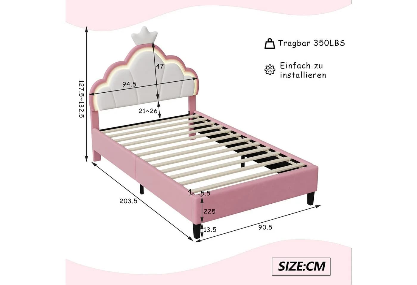 PXloue Polsterbett Rosa Kronenkopfteil LED - Bild 5