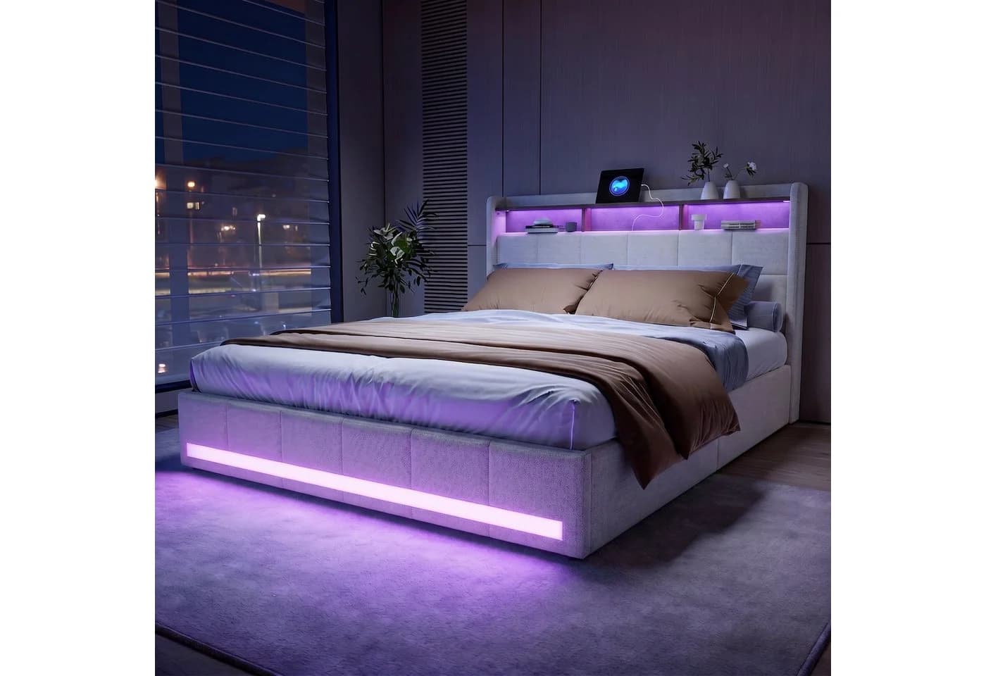 PXloue Polsterbett LED Doppelbett 180x200 cm mit USB-Laden und Stauraum, Leinen - Bild 2