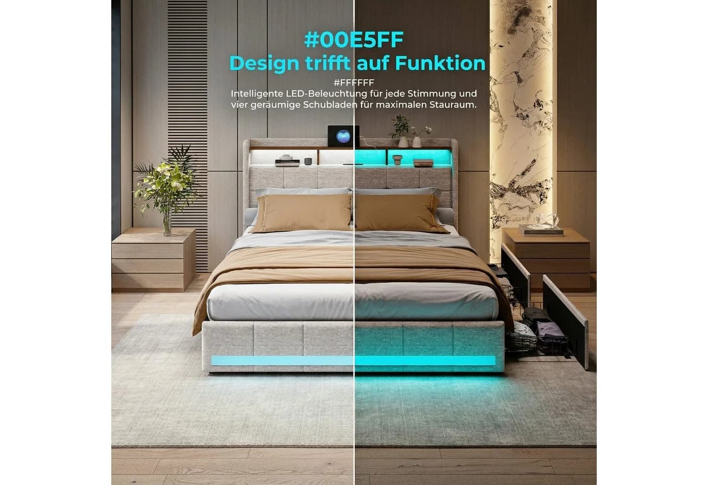 PXloue Polsterbett LED Doppelbett 180x200 cm mit USB-Laden und Stauraum, Leinen - Bild 4