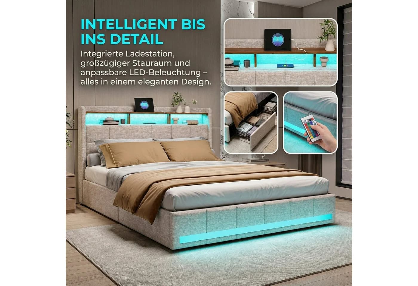 PXloue Polsterbett LED Doppelbett 180x200 cm mit USB-Laden und Stauraum, Leinen - Bild 5